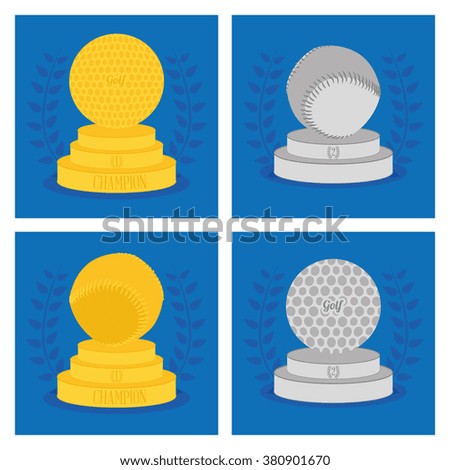 Set of trophies with different sport balls on blue backgrounds with laurel wreaths