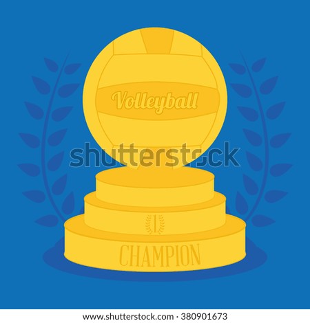 Isolated golden trophy with a volleyball ball on a blue background with a laurel wreath