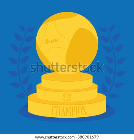 Isolated golden trophy with a soccer ball on a blue background with a laurel wreath