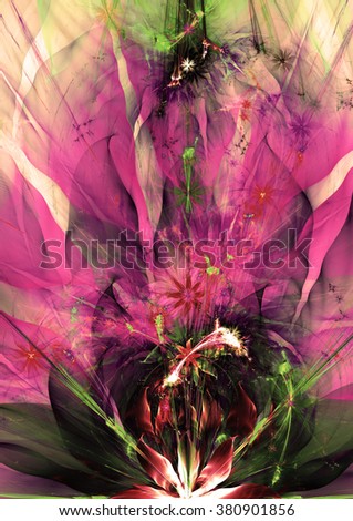 Abstract flower and star background with a large flower on the bottom and decorative petals,angelic stars and heavenly rays coming from it upwards, all in dark vivid shining sepia pink,green