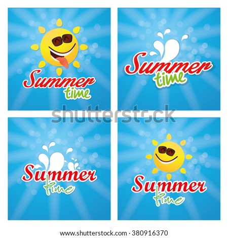 Set of blue backgrounds with text and elements for summer vacations