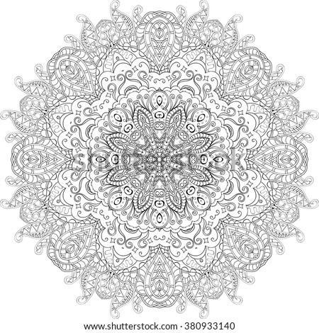 Ray edge mandala tracery wheel mehndi design. Tracery calming ornament. Neat even binary monochrome harmonious doodle texture. Indifferent discreet.  Bracing usable doodling mehndi pattern. Vector.