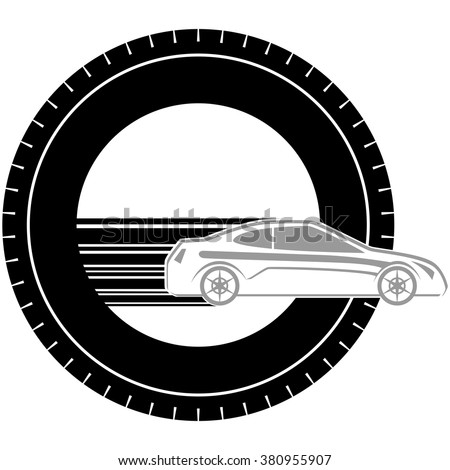 Icon a passenger car on the background of the wheel. The illustration on a white background.