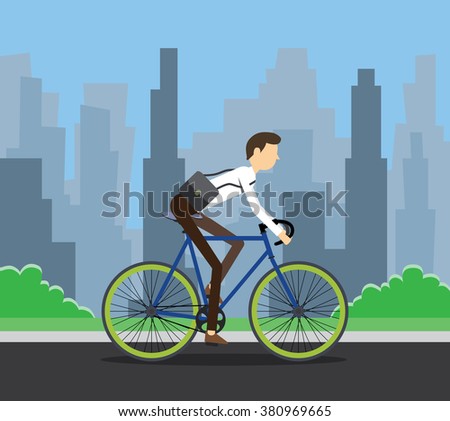 bike to work businessman employee using bike to work along the rod with city background