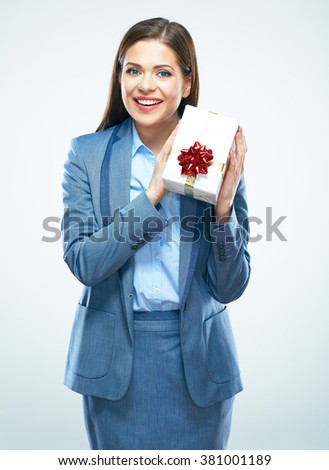Smiling business woman gift. Isolated portrait.