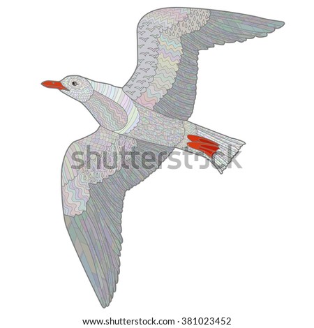 Flying seagull with high details. Colored hand drawn doodle oceanic bird. Sketch for tattoo, poster, print, t-shirt in tracery style. Vector illustration.