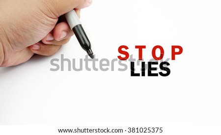 Handwriting of word  " stop lies "         