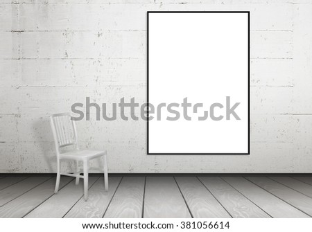 White poster frame mock up hanging on wall. Free space for design and text. Scene with chair.