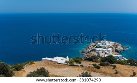 Beautiful landscape of little peninsula, with little greek church of Chrisopigi in Sifnos