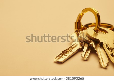 Keyring with keys in golden tone over an empty background. Horizontal