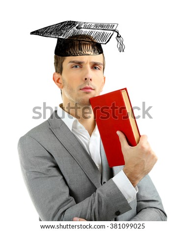 Young man with graduation cap, isolated on white