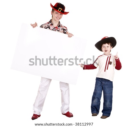 Child brother in halloween hat with white banner. Isolated