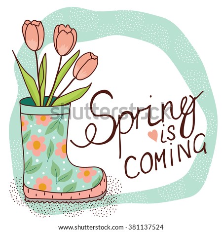 Spring card with rain boot and tulips.