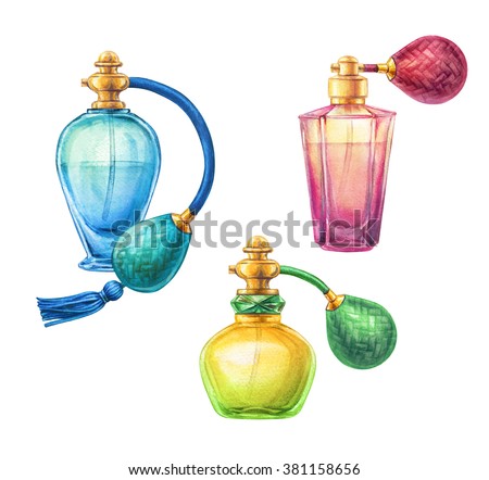 watercolor perfume jar set, blank cosmetics bottles clip art, fashion illustration isolated on white background