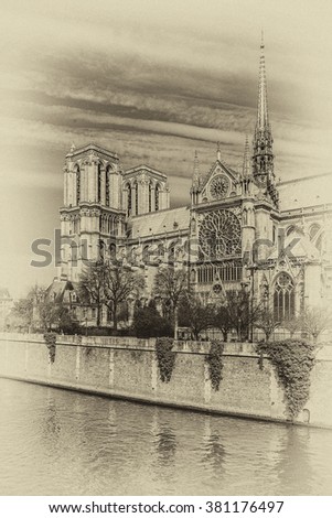 Cathedral Notre Dame de Paris - most famous Gothic, Roman Catholic cathedral (1163 - 1345) on the eastern half of the Cite Island. France, Europe Vintage photo.