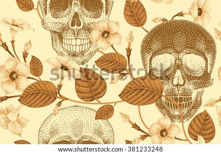 Pattern Dead Head, flowers seamless vector. Skull and devil's guts plant. Modern trend of gold foil print. Illustration death. Template for creating fashion design, paper, wallpaper, textiles.