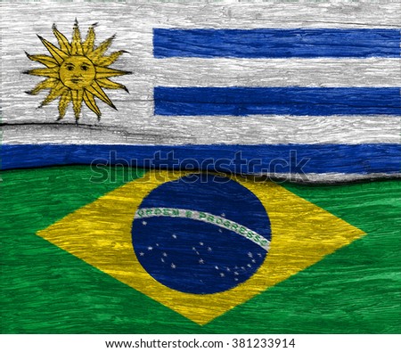 Uruguay and Brazil flag on old wood texture pattern background