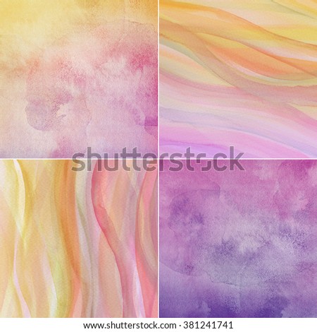 abstract violet yellow watercolor background set, artistic hand painted canvas, paper texture