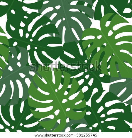 Tropical monstera leaves seamless pattern. Green palm leaves background. Trendy Jungle illustration.