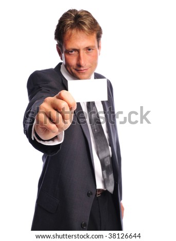a man holding his businesscard with focus on the card and hand set on a white background