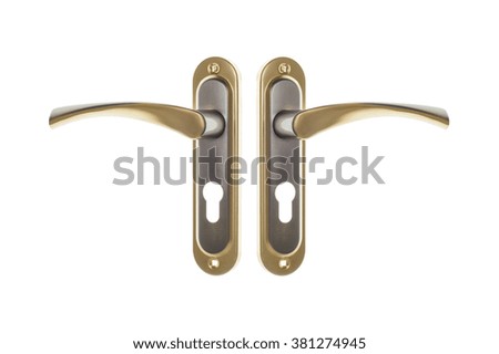 Silver and golden modern door handle. Flat lay object isolated on white background.