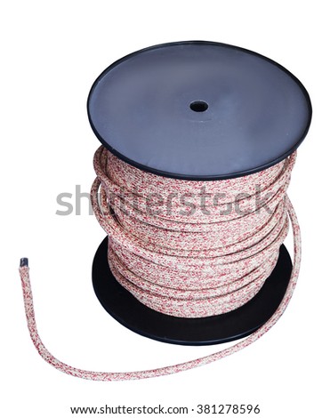 Cable supply spool with holder isolated on white, close up
