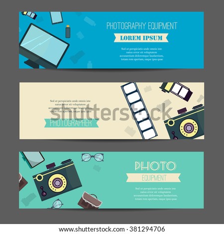 Photography horizontal banner set with photographer equipment flat elements isolated illustration Photo studio logo and business card template.