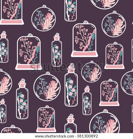 Seamless pattern with hand drawn floral terrariums. Plant pendant with dried flowers, moss and berries. Colorful vector illustration