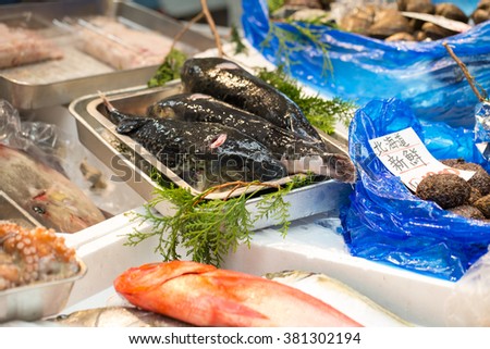 Seafood, Raw sward fish on ice selling in fresh seafood market at Kuromon, Osaka, Japan
