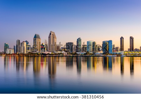 San Diego, California, USA downtown skyline at the Embarcadero. Royalty-Free Stock Photo #381310456