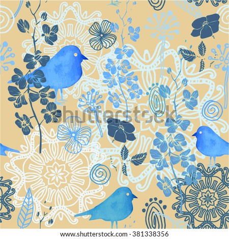 seamless color pattern with flower and blue watercolor bird
