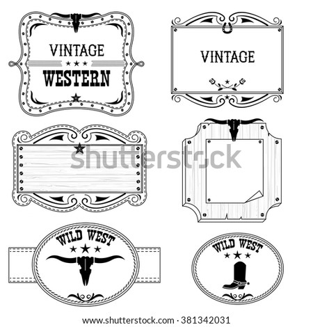 Western vintage cowboy labels isolated on white for design.Vector antique frames with text