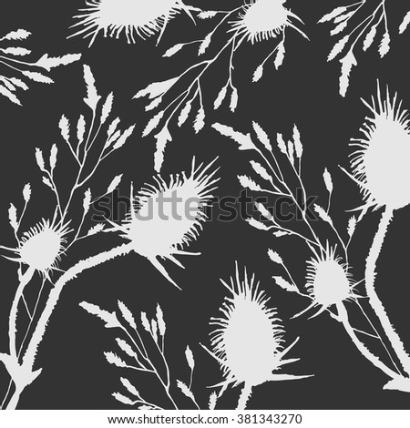 Nature with thistles, thorns and grass isolated on the black background . Sketch vector illustration.