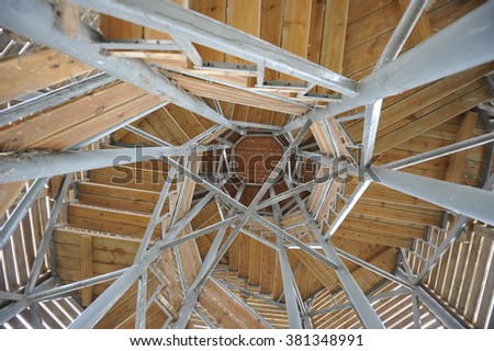 Inside the wooden tower in the Hula Valley, Israel