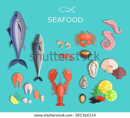 Seafood platter set design flat fresh fish and crab. Lobster and oyster, shrimp and menu, octopus animal, shellfish lemon