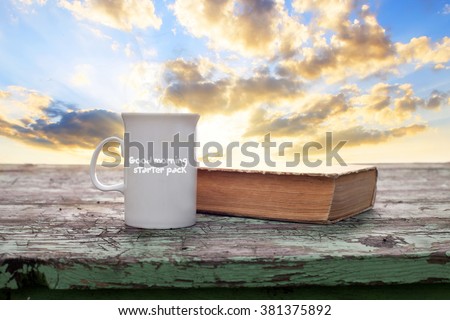 good morning with tea and book conceptual image with text added 