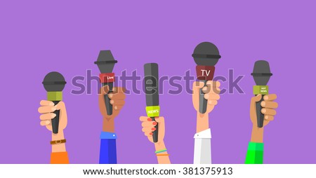 Journalism concept . Set of hands holding microphones. Press hands flat hand. Microphone. Hands holding microphones. Journalist. Microphone vector. Set of microphones Isolated. Hand with microphone.