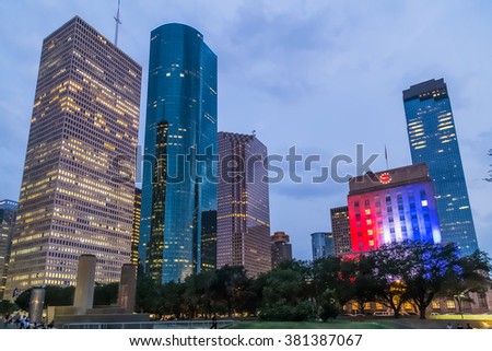 Skyline Panorama of City Hall and Downtown Houston, Texas by night