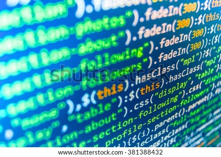  Web site codes on computer monitor. Programmer occupation. Writing program code on computer. Software background. (Code is my own property there is no risk of copyright violations)