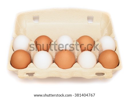 View of opened box of ten white and brown chicken eggs for market place or shop isolated on white background. Package of ten raw chicken eggs for meal or other health food.