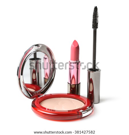 Powder, lipstick, mascara isolated on white