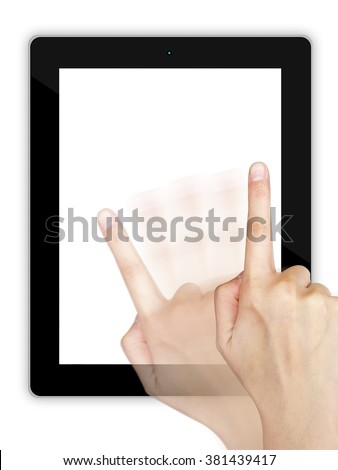 Right hand swiping on screen of tablet device