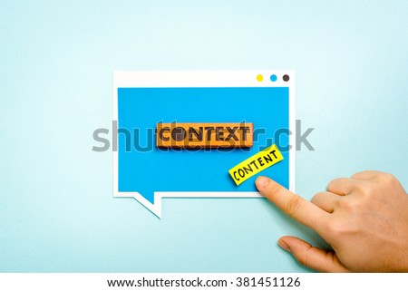 Hand pointing speech bubble with context button and content label. Context Marketing concept.