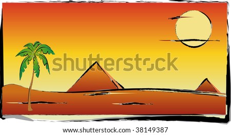 landscape with palm, pyramids and sun