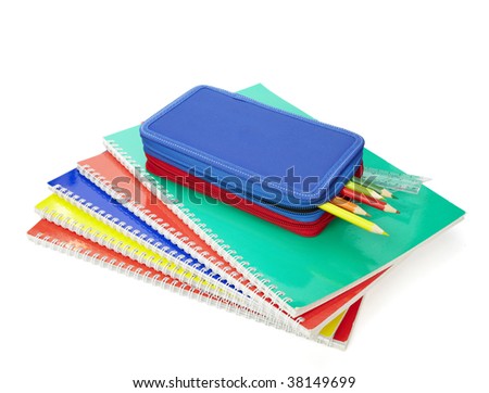 close up of school supplies in pencil case  on white background with clipping path