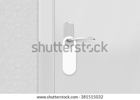 Door knob with blank doorhanger mock up. Empty white flyer mockup hang on doors handle. Leaflet design on entrance doorknob. Dont disturb sign. Door hanger clear. Do not disturbing paper symbol.