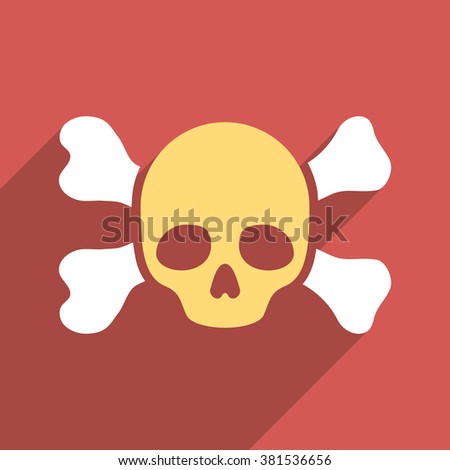 Skull And Bones long shadow vector icon. Style is a flat light symbol on a red square background.