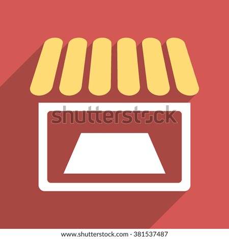 Shop Facade long shadow vector icon. Style is a flat light symbol on a red square background.