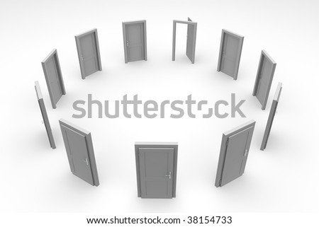 circle of ten grey closed doors and one open grey door