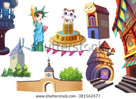 Creative Illustration and Innovative Art: Some City Building isolated on White Background. Realistic Fantastic Cartoon Style Artwork Scene, Wallpaper, Story Background, Card Design
